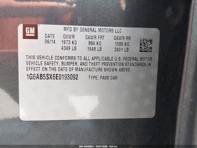 45008601 :رقم المزاد ، 1G6AB5SX6E0193092 vin ، 2014 Cadillac Ats Luxury مزاد بيع
