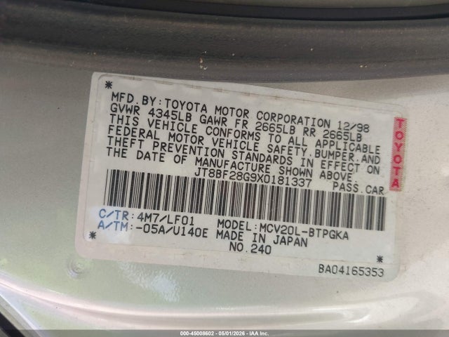 Продаж на аукціоні авто 1999 Lexus Es 300, vin: JT8BF28G9X0181337, номер лоту: 45008602