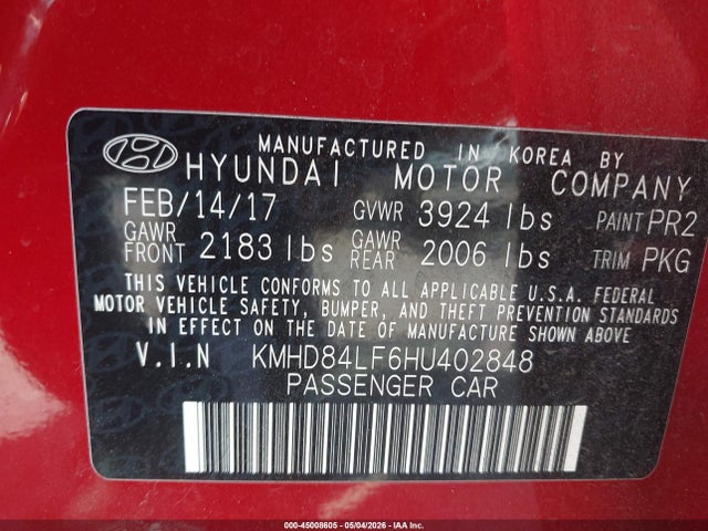 Aukcja sprzedaży 2017 Hyundai Elantra Se, vin: KMHD84LF6HU402848, numer aukcji: 45008605