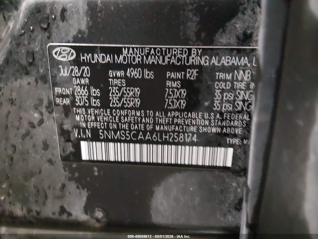2020 Hyundai Santa Fe Limited 2.0t მანქანა იყიდება აუქციონზე, vin: 5NMS5CAA6LH258174, აუქციონის ნომერი: 45008612