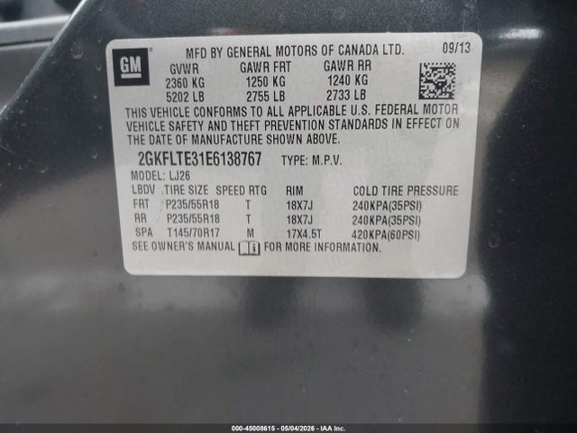 45008615 :رقم المزاد ، 2GKFLTE31E6138767 vin ، 2014 Gmc Terrain Slt-2 مزاد بيع