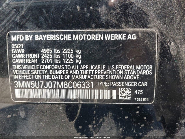 Aukcja sprzedaży 2021 Bmw M340i, vin: 3MW5U7J07M8C06331, numer aukcji: 45008621