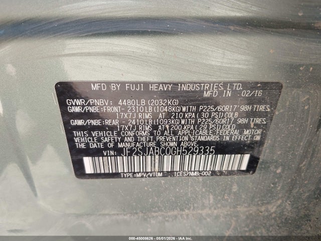Aukcja sprzedaży 2016 Subaru Forester 2.5i, vin: JF2SJABC0GH529335, numer aukcji: 45008626