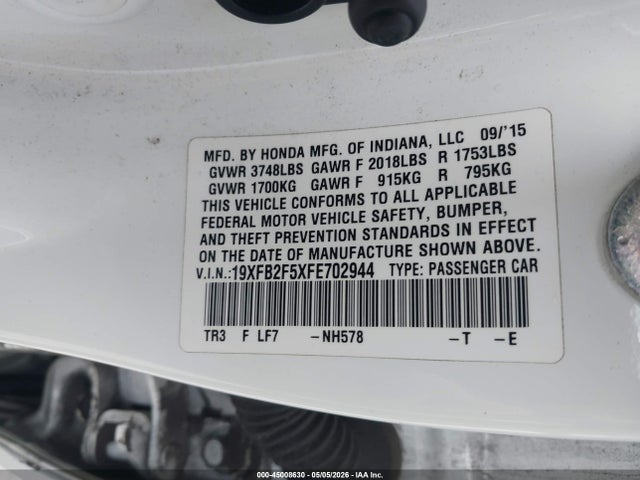 Продаж на аукціоні авто 2015 Honda Civic Lx, vin: 19XFB2F5XFE702944, номер лоту: 45008630