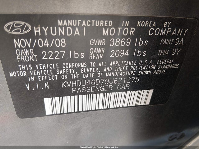 Продаж на аукціоні авто 2009 Hyundai Elantra Se, vin: KMHDU46D79U621275, номер лоту: 45008631