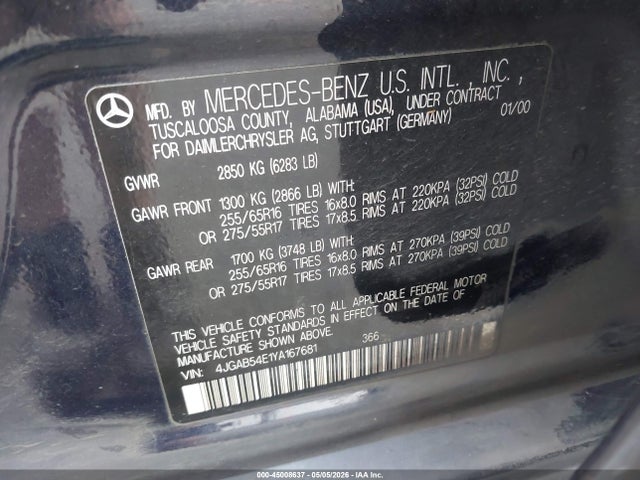 Aukcja sprzedaży 2000 Mercedes-benz Ml 320, vin: 4JGAB54E1YA167681, numer aukcji: 45008637