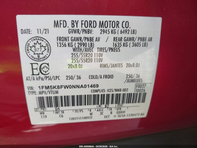 Продажа на аукционе авто 2022 Ford Explorer Limited, vin: 1FM5K8FW0NNA01469, номер лота: 45008644