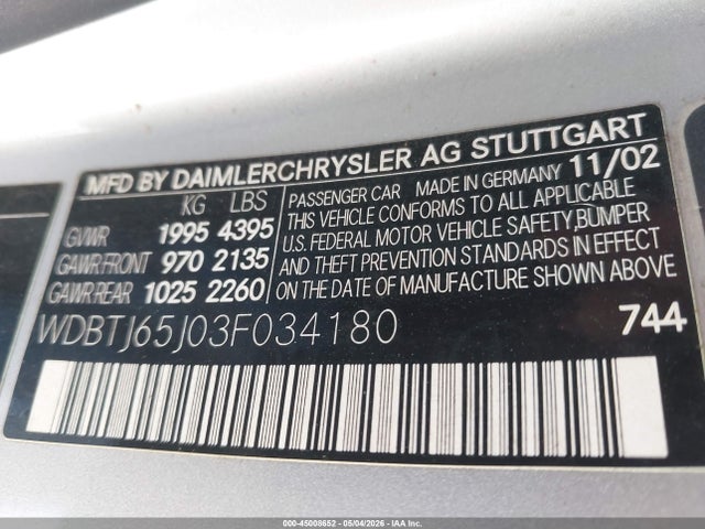 Продажа на аукционе авто 2003 Mercedes-benz Clk 320, vin: WDBTJ65J03F034180, номер лота: 45008652
