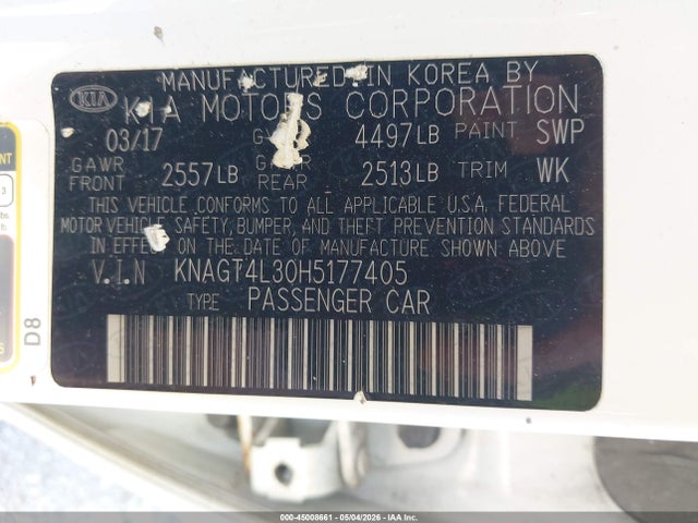 Aukcja sprzedaży 2017 Kia Optima Lx, vin: KNAGT4L30H5177405, numer aukcji: 45008661