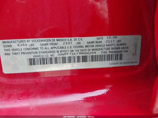 45008667 :رقم المزاد ، 3VWPF71K77M066264 vin ، 2007 Volkswagen Jetta 2.5 مزاد بيع