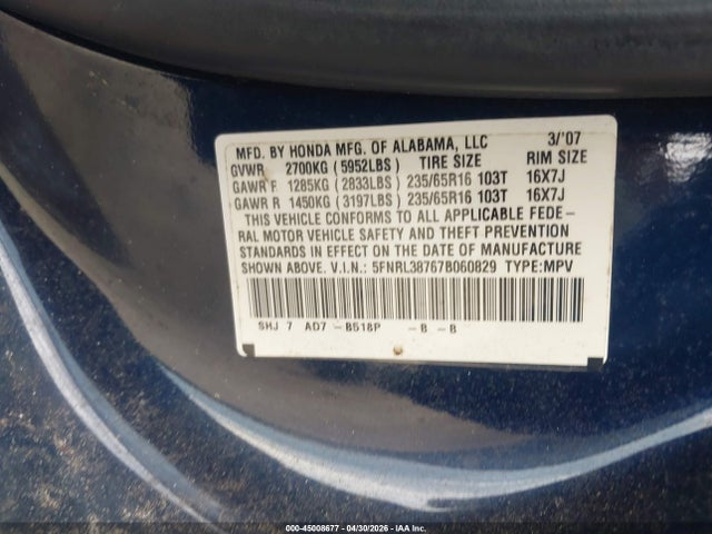 Aukcja sprzedaży 2007 Honda Odyssey Ex-l, vin: 5FNRL38767B060829, numer aukcji: 45008677