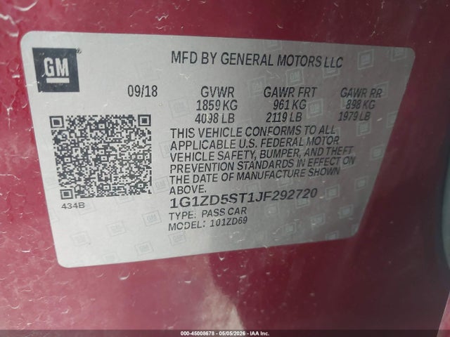 Продажа на аукционе авто 2018 Chevrolet Malibu Lt, vin: 1G1ZD5ST1JF292720, номер лота: 45008678