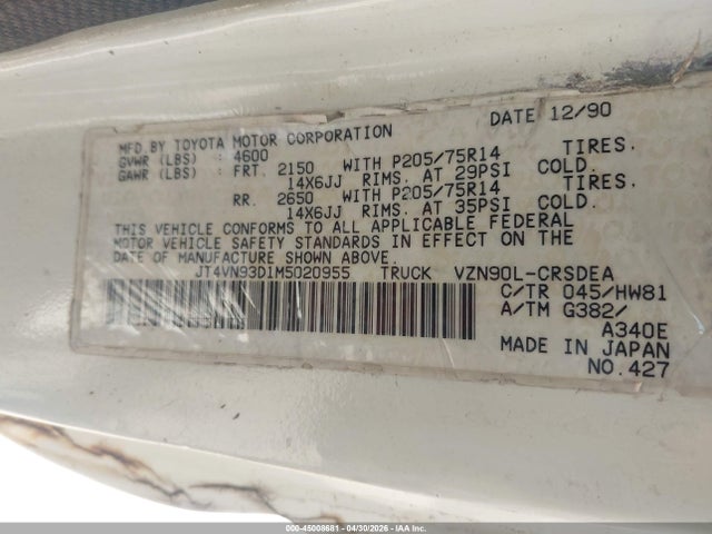 Продаж на аукціоні авто 1991 Toyota Pickup 1/2 Ton Ex Lng Whlbse Dlx, vin: JT4VN93D1M5020955, номер лоту: 45008681