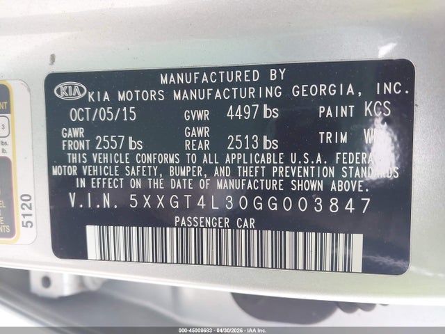 Aukcja sprzedaży 2016 Kia Optima Lx, vin: 5XXGT4L30GG003847, numer aukcji: 45008683