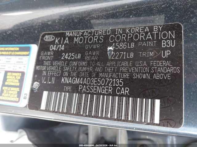 Aukcja sprzedaży 2014 Kia Optima Hybrid Lx, vin: KNAGM4AD3E5072135, numer aukcji: 45008696