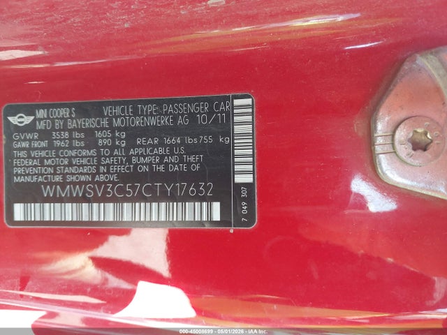 Продаж на аукціоні авто 2012 Mini Cooper S, vin: WMWSV3C57CTY17632, номер лоту: 45008699