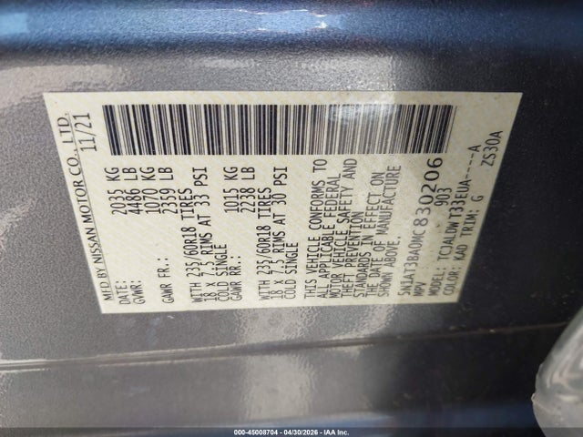 Продажа на аукционе авто 2021 Nissan Rogue Sv Fwd, vin: 5N1AT3BA0MC830206, номер лота: 45008704