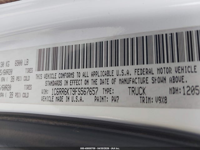 45008709 :رقم المزاد ، 1C6RR6KT9FS567657 vin ، 2015 Ram 1500 Express مزاد بيع