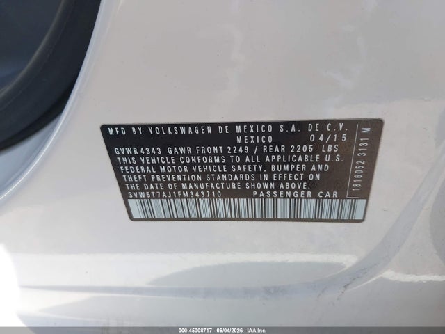 Продаж на аукціоні авто 2015 Volkswagen Jetta 2.0t Gli Se, vin: 3VW5T7AJ1FM343710, номер лоту: 45008717
