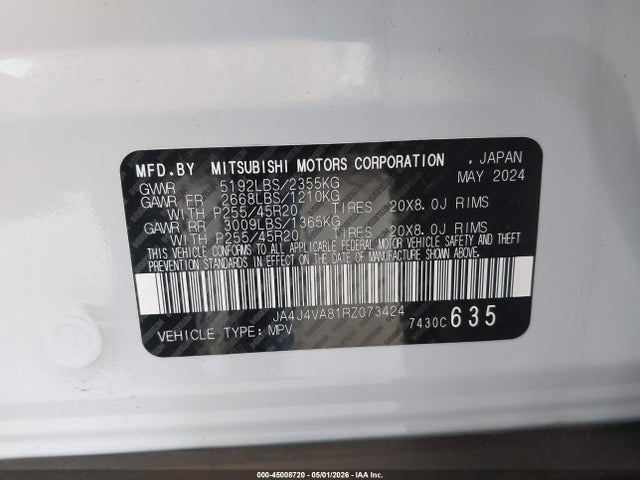 45008720 :رقم المزاد ، JA4J4VA81RZ073424 vin ، 2024 Mitsubishi Outlander Se 2.5 S-awc/se Black Edition S-awc/se Black Edition W/pano Roof S-awc/se Ralliart S-awc مزاد بيع