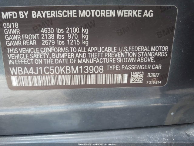Aukcja sprzedaży 2019 Bmw 430i Gran Coupe, vin: WBA4J1C50KBM13908, numer aukcji: 45008723