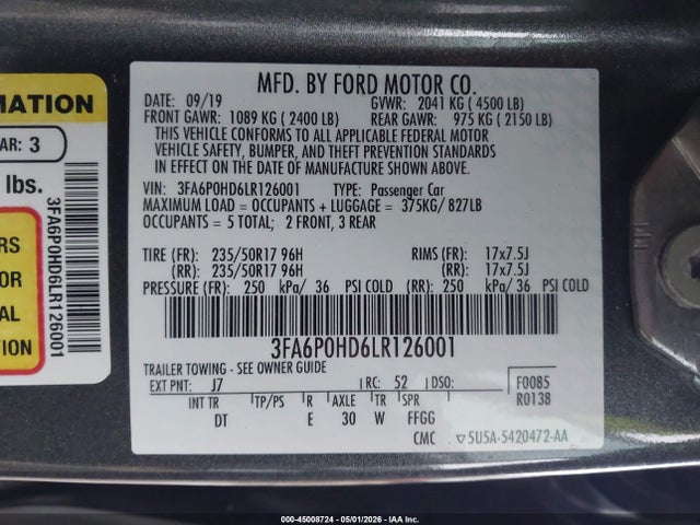 2020 Ford Fusion Se მანქანა იყიდება აუქციონზე, vin: 3FA6P0HD6LR126001, აუქციონის ნომერი: 45008724