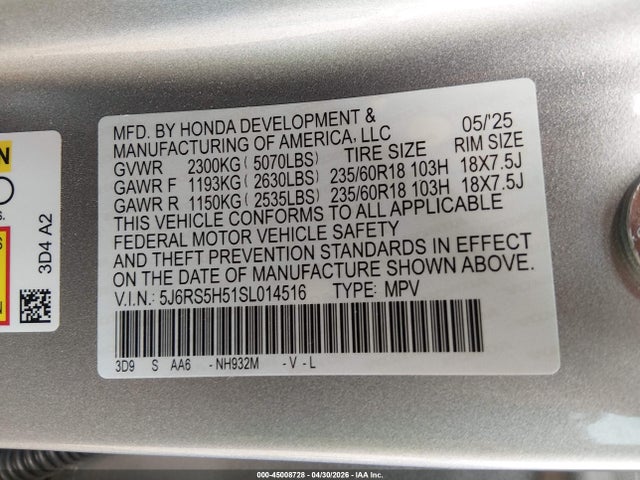 5J6RS5H51SL014516 Honda Cr-v Hybrid Sport