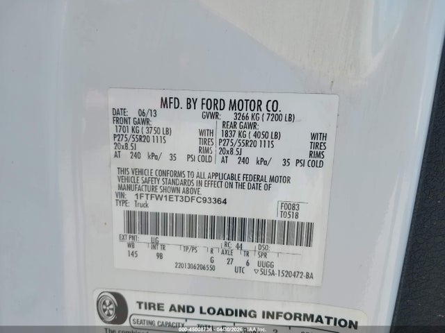 2013 Ford F-150 Platinum მანქანა იყიდება აუქციონზე, vin: 1FTFW1ET3DFC93364, აუქციონის ნომერი: 45008736