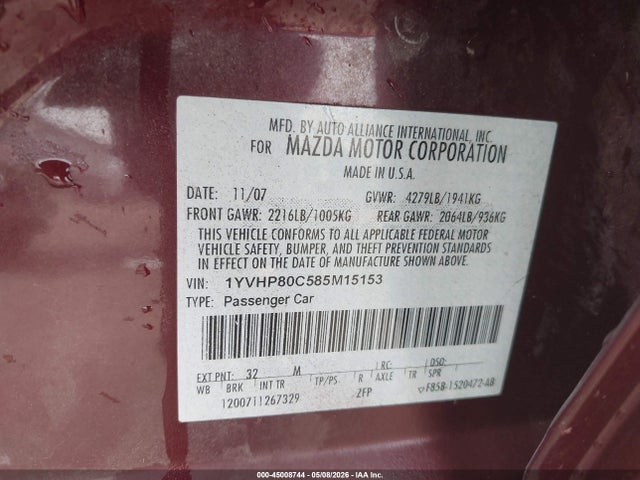 Aukcja sprzedaży 2008 Mazda Mazda6 I Sport Ve, vin: 1YVHP80C585M15153, numer aukcji: 45008744