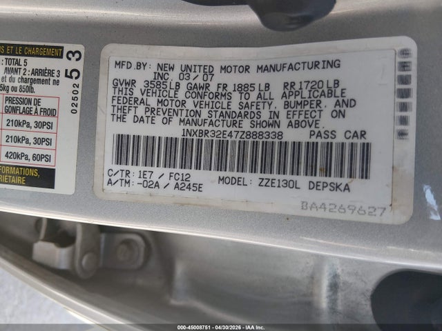 2007 Toyota Corolla S მანქანა იყიდება აუქციონზე, vin: 1NXBR32E47Z888338, აუქციონის ნომერი: 45008751
