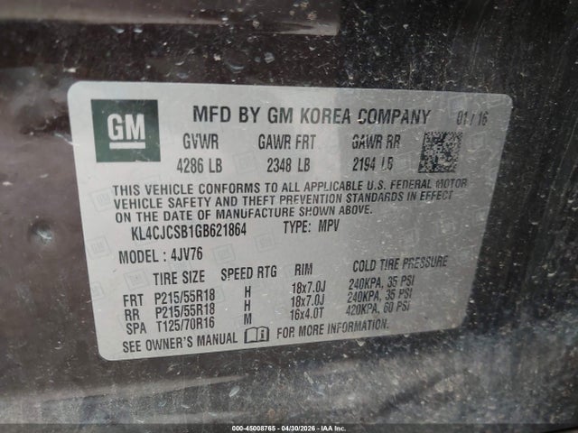 Продаж на аукціоні авто 2016 Buick Encore Leather, vin: KL4CJCSB1GB621864, номер лоту: 45008765