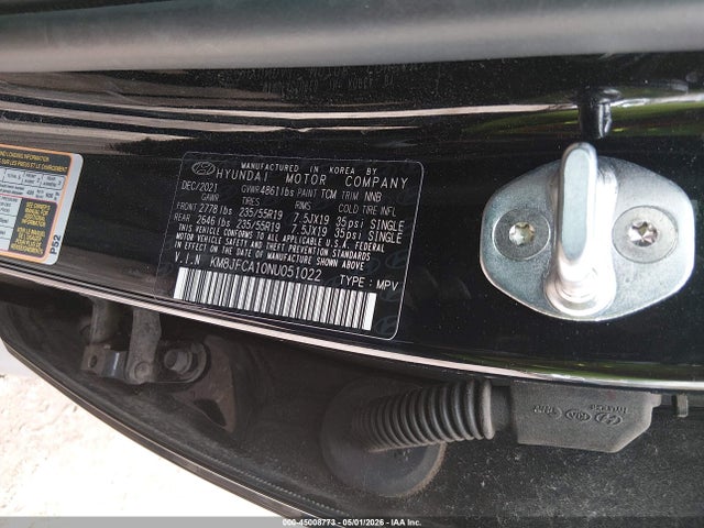 Aukcja sprzedaży 2022 Hyundai Tucson Hybrid Sel Convenience, vin: KM8JFCA10NU051022, numer aukcji: 45008773