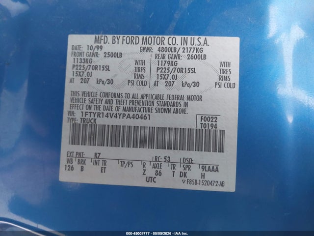 Продажа на аукционе авто 2000 Ford Ranger Xl/xlt, vin: 1FTYR14V4YPA40461, номер лота: 45008777