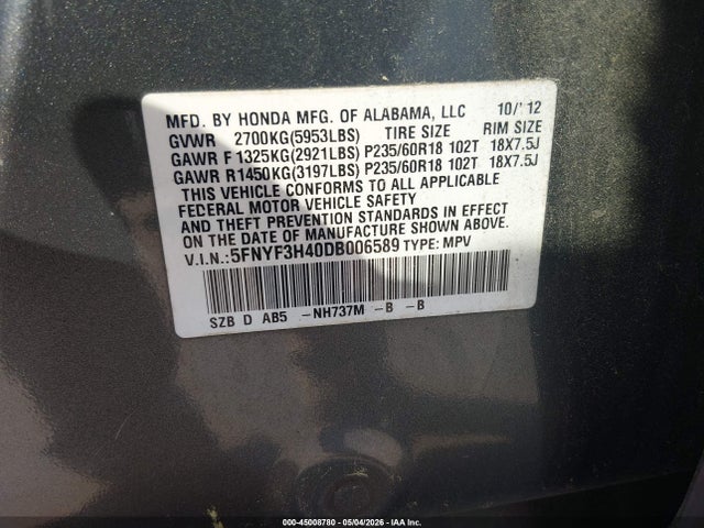 Aukcja sprzedaży 2013 Honda Pilot Ex, vin: 5FNYF3H40DB006589, numer aukcji: 45008780