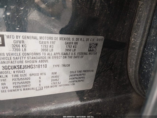 Aukcja sprzedaży 2017 Chevrolet Silverado 1500 1lz, vin: 3GCUKSEJ6HG318110, numer aukcji: 45008783