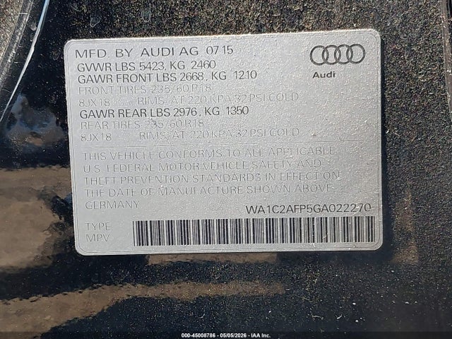 2016 Audi Q5 2.0t Premium მანქანა იყიდება აუქციონზე, vin: WA1C2AFP5GA022270, აუქციონის ნომერი: 45008786