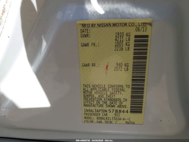 Продаж на аукціоні авто 2013 Nissan Altima 2.5 S, vin: 1N4AL3AP3DN578844, номер лоту: 45008792