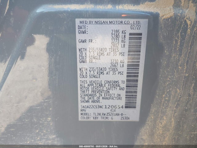 45008793 :رقم المزاد ، 5N1AZ2CS3NC120654 vin ، 2022 Nissan Murano Sl Intelligent Awd مزاد بيع