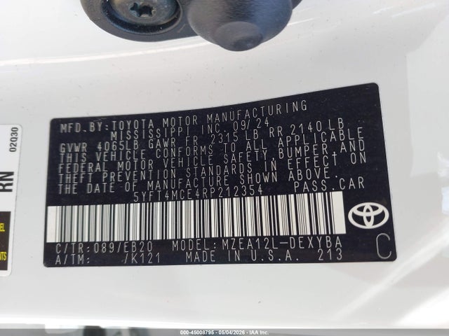 Продажа на аукционе авто 2024 Toyota Corolla Xse, vin: 5YFT4MCE4RP212354, номер лота: 45008795