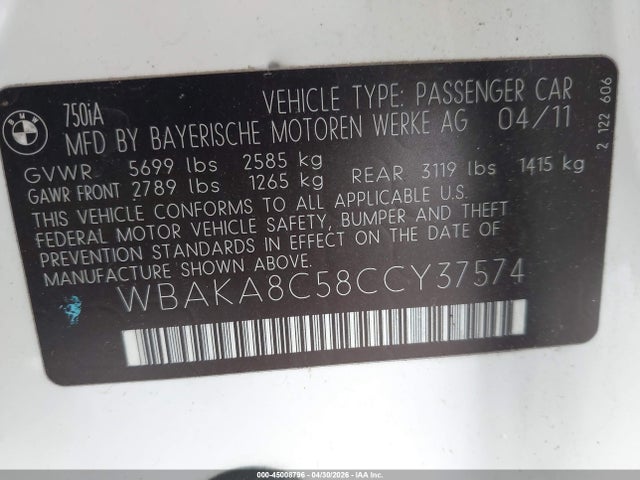 45008796 :رقم المزاد ، WBAKA8C58CCY37574 vin ، 2012 Bmw 750i مزاد بيع