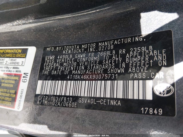 Продаж на аукціоні авто 2009 Toyota Camry Le V6, vin: 4T1BK46KX9U075731, номер лоту: 45008801
