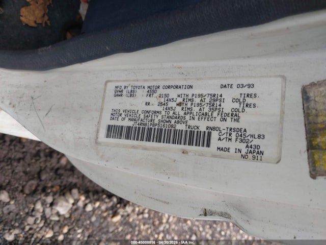 Aukcja sprzedaży 1993 Toyota Pickup 1/2 Ton Short Whlbse Dx, vin: JT4RN81P8P5161082, numer aukcji: 45008816