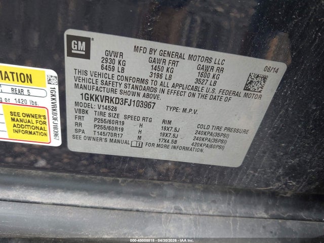 Продаж на аукціоні авто 2015 Gmc Acadia Slt-1, vin: 1GKKVRKD3FJ103967, номер лоту: 45008818