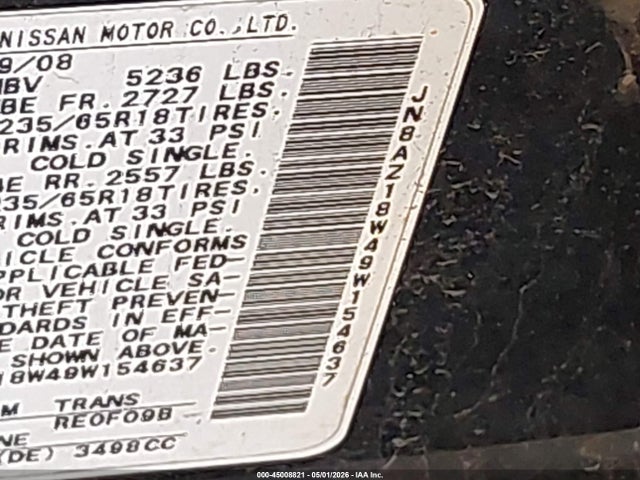 2009 Nissan Murano S მანქანა იყიდება აუქციონზე, vin: JN8AZ18W49W154637, აუქციონის ნომერი: 45008821