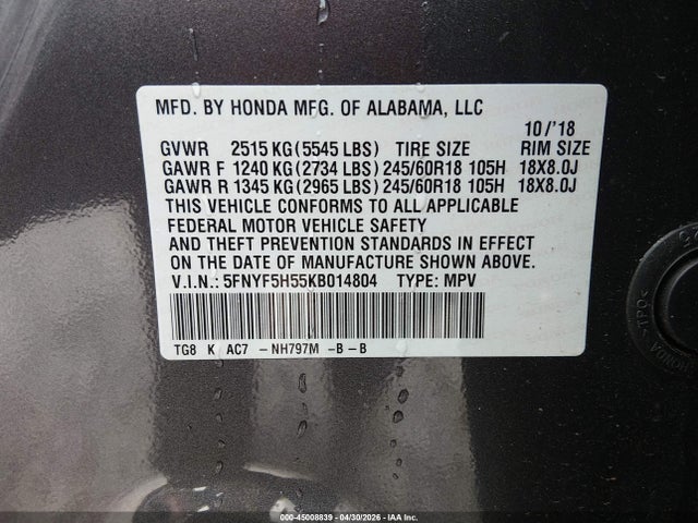 5FNYF5H55KB014804 Honda Pilot Ex-l