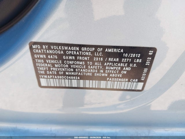 45008852 :رقم المزاد ، 1VWAP7A38DC048624 vin ، 2013 Volkswagen Passat S مزاد بيع