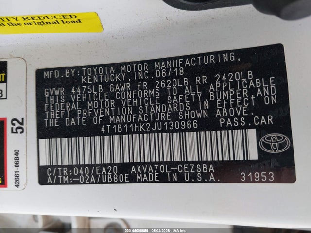 Aukcja sprzedaży 2018 Toyota Camry Se, vin: 4T1B11HK2JU130966, numer aukcji: 45008859