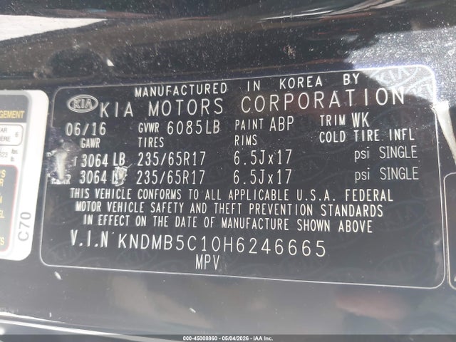 Aukcja sprzedaży 2017 Kia Sedona Lx, vin: KNDMB5C10H6246665, numer aukcji: 45008860