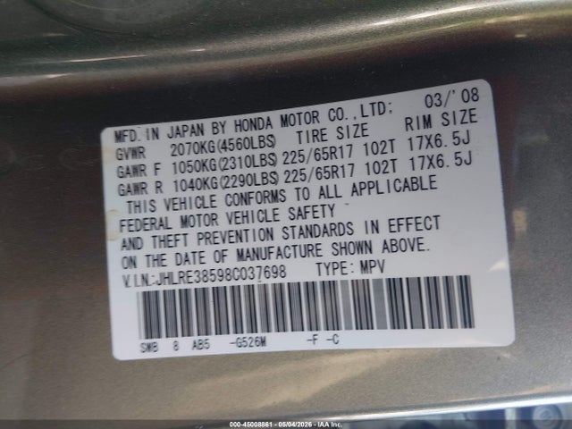 2008 Honda Cr-v Ex მანქანა იყიდება აუქციონზე, vin: JHLRE38598C037698, აუქციონის ნომერი: 45008861