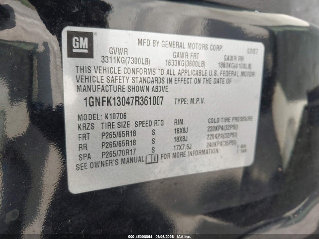 Продажа на аукционе авто 2007 Chevrolet Tahoe Lt, vin: 1GNFK13047R361007, номер лота: 45008864